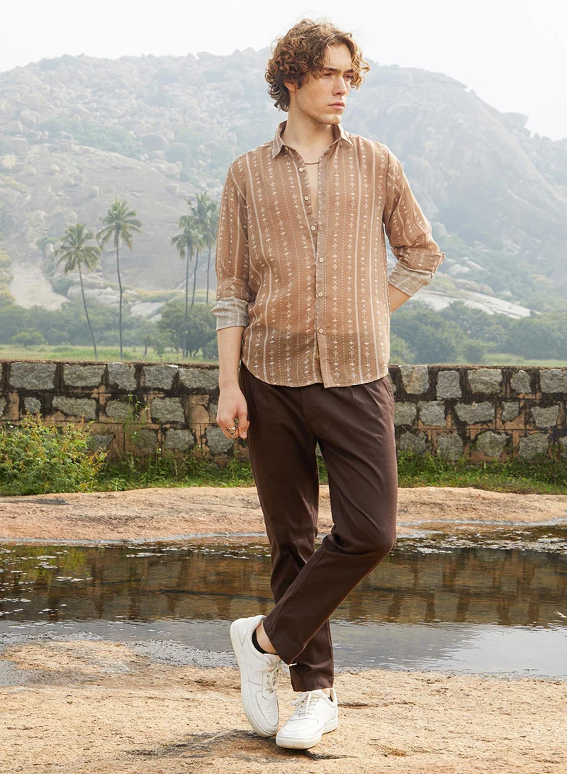 كامبوس سوترا Men's Camel Brown Ethnic Imprint Shirt