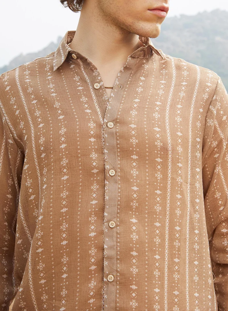 كامبوس سوترا Men's Camel Brown Ethnic Imprint Shirt