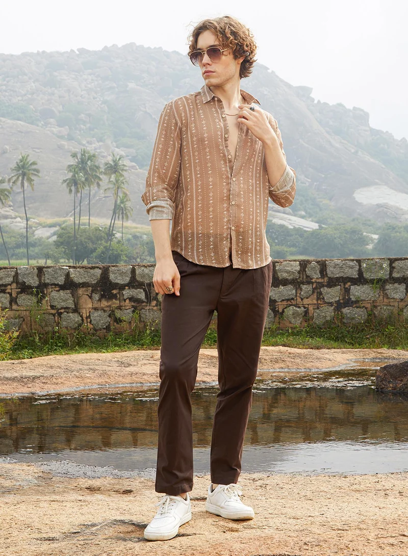 كامبوس سوترا Men's Camel Brown Ethnic Imprint Shirt