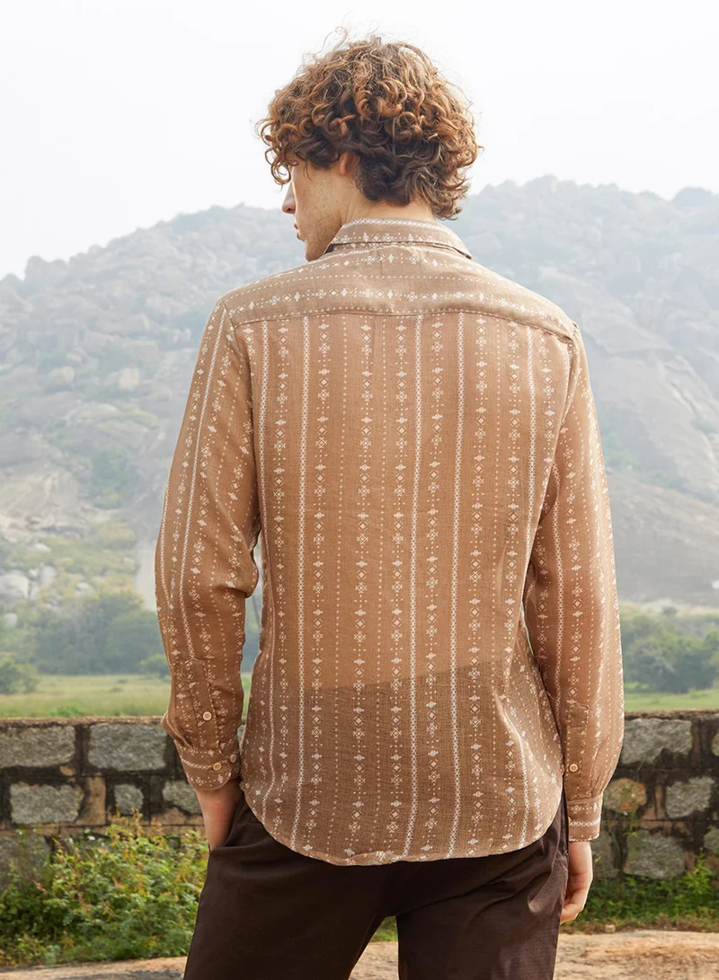 كامبوس سوترا Men's Camel Brown Ethnic Imprint Shirt
