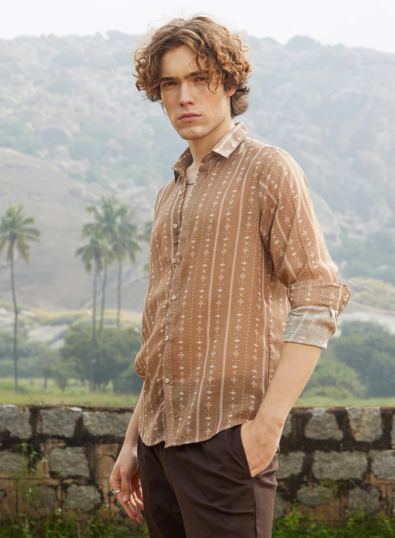 كامبوس سوترا Men's Camel Brown Ethnic Imprint Shirt