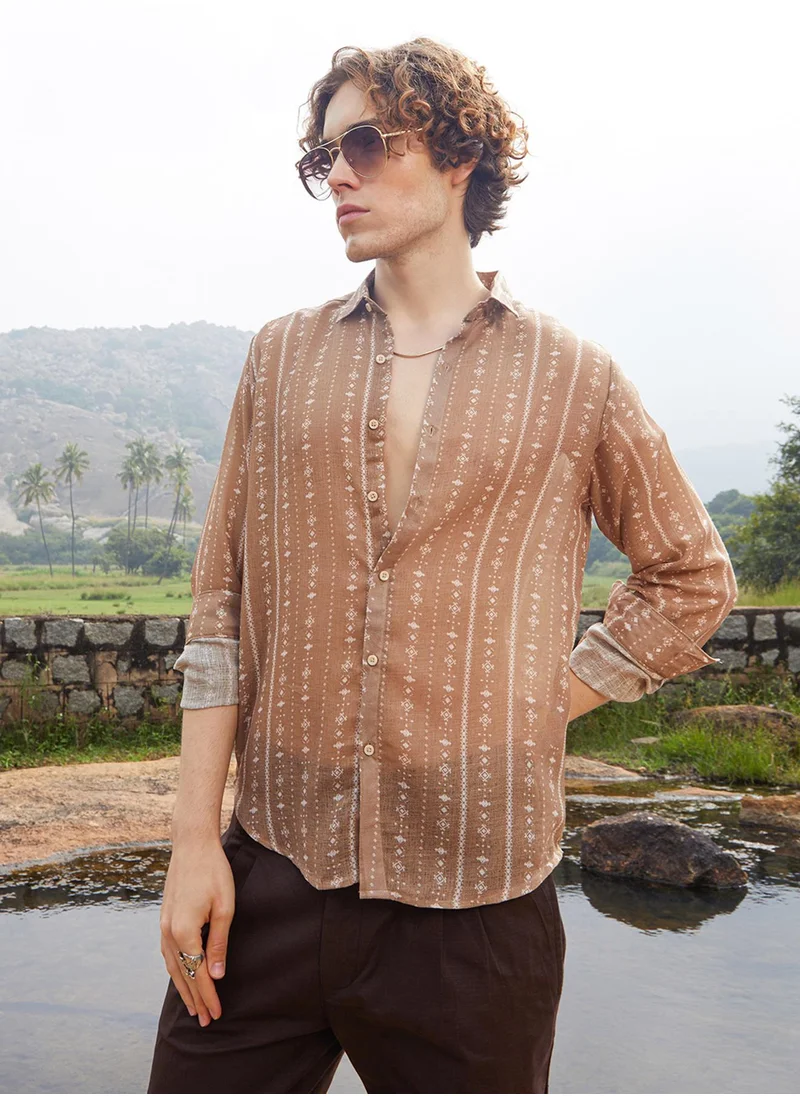 Campus Sutra Men's Camel Brown Ethnic Imprint Shirt