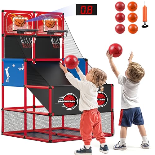 M SANMERSEN Kids Double Basketball Hoop Arcade Game Set with 6 Balls Electronic Scoreboard LED Light Indoor  Outdoor Play BirthdayHalloween for 38 Year Old Boy and Girl - Image 1