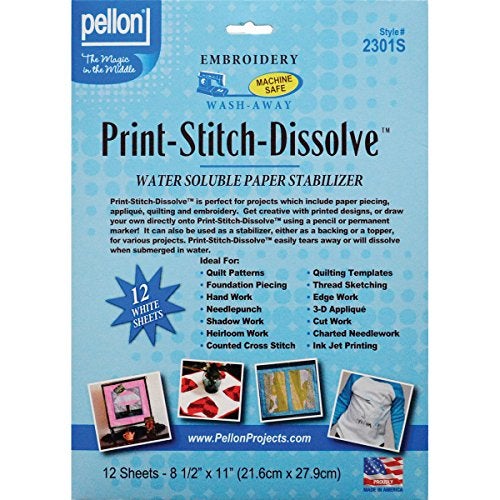 Pellon 2301S PrintStitchDissolve Stabilizer for Embroidery White 85 x 11 12 sheet Pack of 1