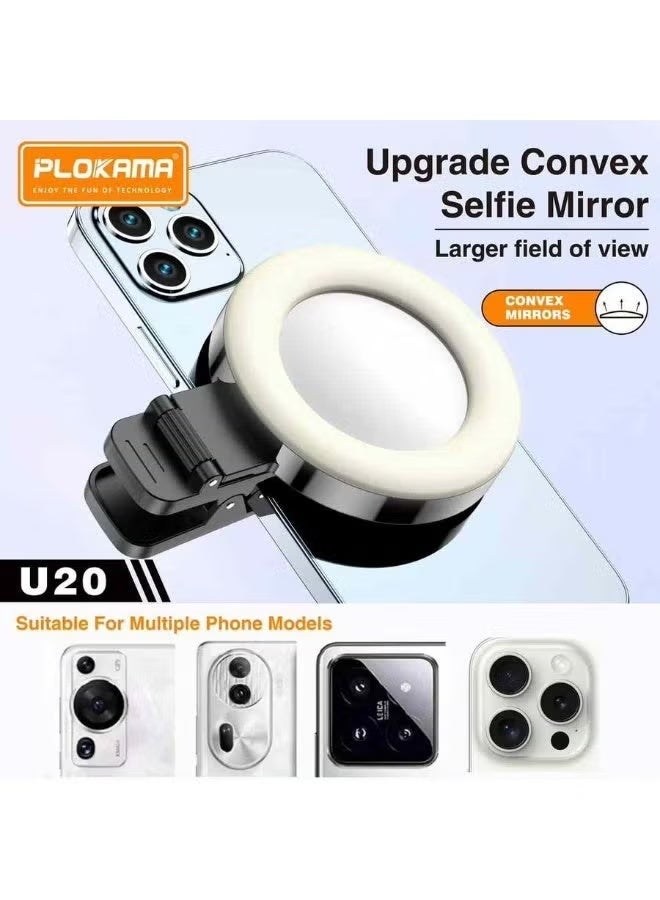 التخطيط PLOKAMA U20 Ring Flash LED Light with Built-In Mirror – Clip-On Mini Selfie Ring Light for Smartphones – Adjustable Brightness Portable LED Beauty Light for Makeup, Video Calls, Photos & Livestreaming – Compatible with iPhone & Android - Image 4