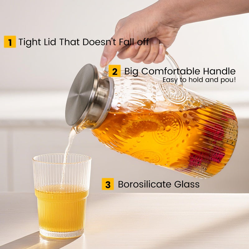 Bandesun Glass Pitcher with Lid, 68 oz/ 2 Liter 2Pack Vintage Water Pitcher,Glass Water Carafe for Cold Brew, Coffee, Lemonade, Iced Tea,Beverage, Heat Resistant Jug - Image 3