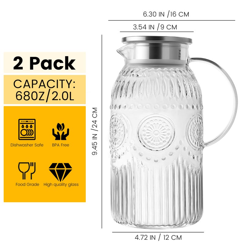 Bandesun Glass Pitcher with Lid, 68 oz/ 2 Liter 2Pack Vintage Water Pitcher,Glass Water Carafe for Cold Brew, Coffee, Lemonade, Iced Tea,Beverage, Heat Resistant Jug - Image 2