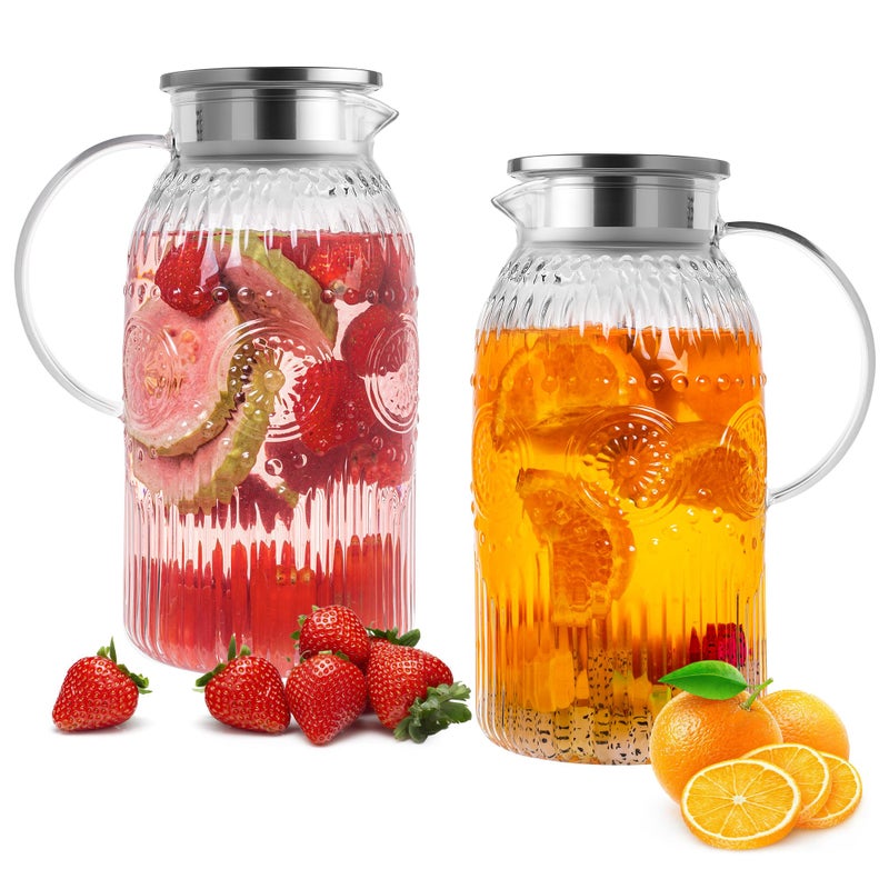 Bandesun Glass Pitcher with Lid, 68 oz/ 2 Liter 2Pack Vintage Water Pitcher,Glass Water Carafe for Cold Brew, Coffee, Lemonade, Iced Tea,Beverage, Heat Resistant Jug - Image 1