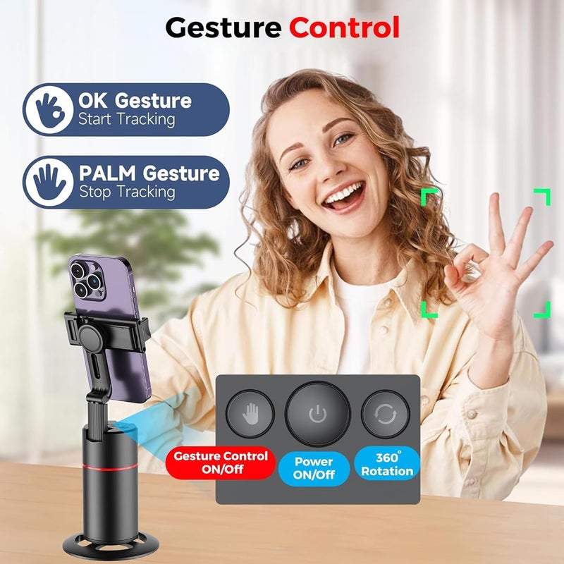 Hold Up Auto Face Tracking Tripod,360° Rotation Mobile Holder for Smart Video&Photo Shooting with Remote,No App Needed,Gimbal Stabilizer with Gesture Control for Vlog,Streaming & Video Recording,Black - Image 2