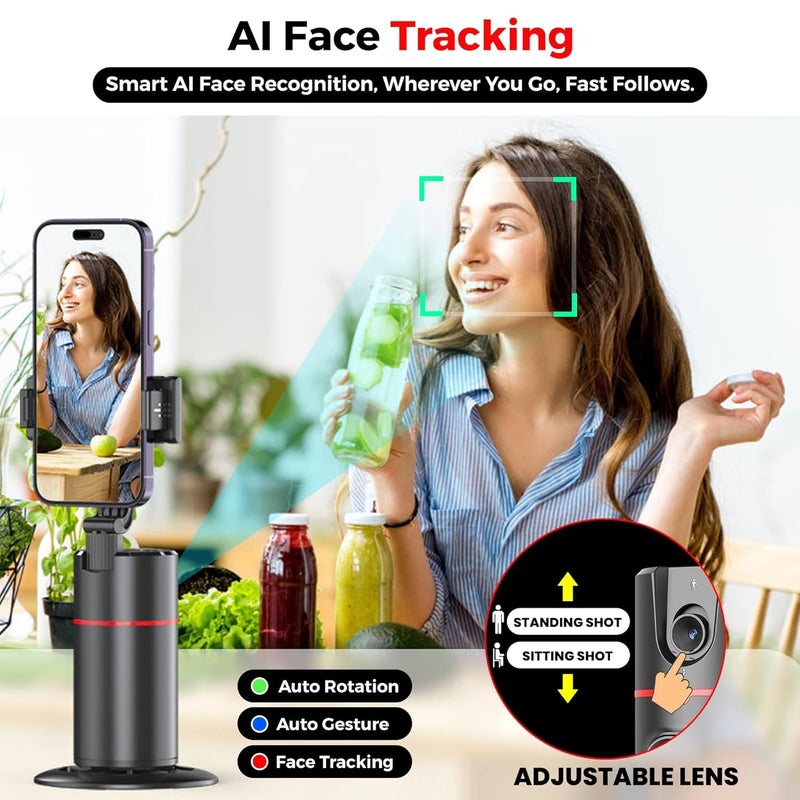 Hold Up Auto Face Tracking Tripod,360° Rotation Mobile Holder for Smart Video&Photo Shooting with Remote,No App Needed,Gimbal Stabilizer with Gesture Control for Vlog,Streaming & Video Recording,Black - Image 3