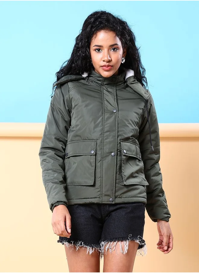 Freehand Women Boxy Fit Solid Puffer Jacket With Detachable Hood