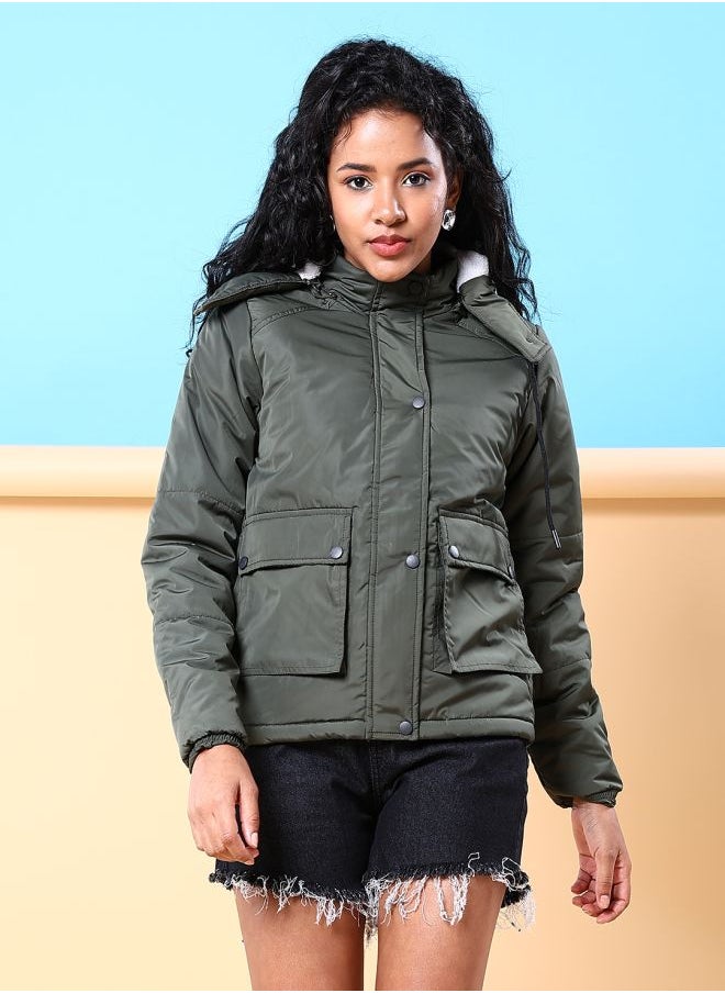 Freehand Women Boxy Fit Solid Puffer Jacket With Detachable Hood  - Image 1