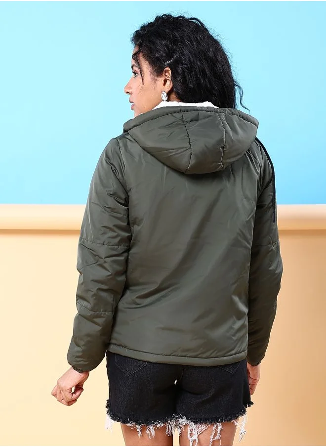 Freehand Women Boxy Fit Solid Puffer Jacket With Detachable Hood