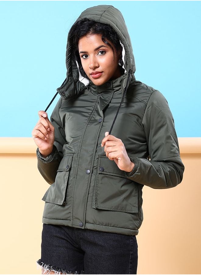 Freehand Women Boxy Fit Solid Puffer Jacket With Detachable Hood  - Image 4