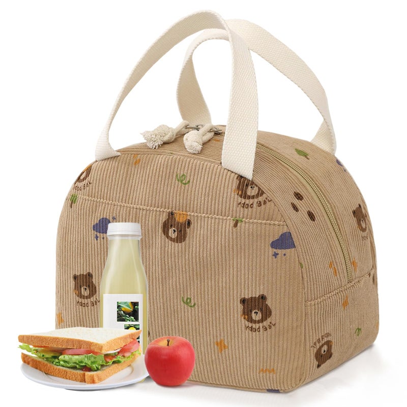 Baglemon Lunch Bag for Women Men Cute Corduroy Lunch Tote Bags Reusable Insulated Lunch Box Large Capacity Reusable Insulated Cooler for Work/Picnic/Travel (Bear) - Image 1