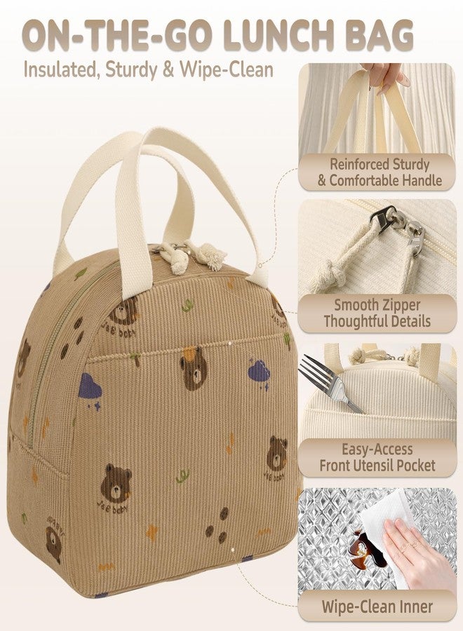 Baglemon Lunch Bag for Women Men Cute Corduroy Lunch Tote Bags Reusable Insulated Lunch Box Large Capacity Reusable Insulated Cooler for Work/Picnic/Travel (Bear) - Image 3