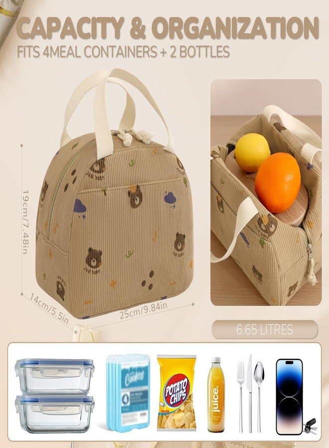 Baglemon Lunch Bag for Women Men Cute Corduroy Lunch Tote Bags Reusable Insulated Lunch Box Large Capacity Reusable Insulated Cooler for Work/Picnic/Travel (Bear) - Image 5