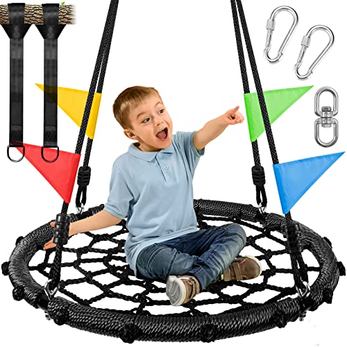 Odoland Spider Web Platform Swing Outdoor Saucer Net Swings 900D Oxford for Kids Adults Backyard Round Swing with Rope Straps Turnbuckle 24in Black - Image 1