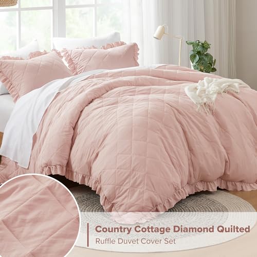 Comfort Spaces Blush Queen Duvet Cover Set - 3 Pieces Ruffle Diamond Quilted Duvet Cover, All Season Lightweight, Cotton-Like Softness Pre-Washed Microfiber Queen Bedding Cover & Shams, Queen - Image 2