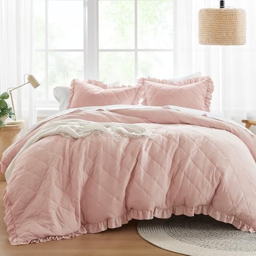 Comfort Spaces Blush Queen Duvet Cover Set - 3 Pieces Ruffle Diamond Quilted Duvet Cover, All Season Lightweight, Cotton-Like Softness Pre-Washed Microfiber Queen Bedding Cover & Shams, Queen - Image 1
