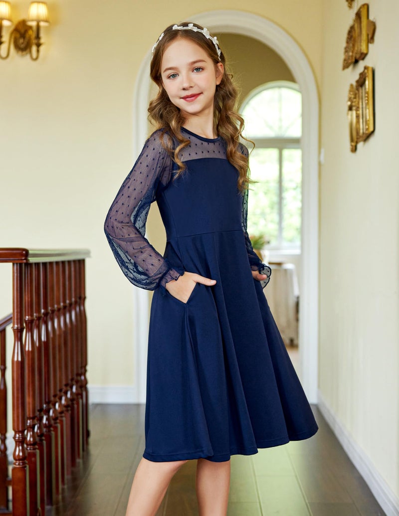 Arshiner Girl's Mesh Dress Long Sleeve Blue Winnter Round Neck A Line Formal Dresses with Pockets 12-13 Years - Image 4