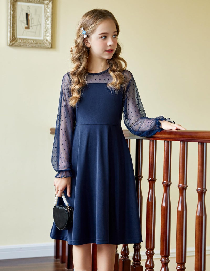 Arshiner Girl's Mesh Dress Long Sleeve Blue Winnter Round Neck A Line Formal Dresses with Pockets 12-13 Years - Image 2