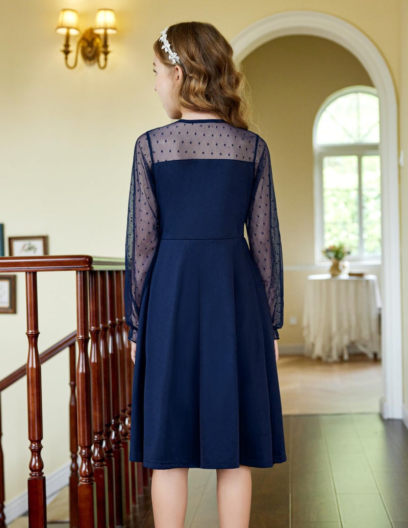 Arshiner Girl's Mesh Dress Long Sleeve Blue Winnter Round Neck A Line Formal Dresses with Pockets 12-13 Years - Image 3