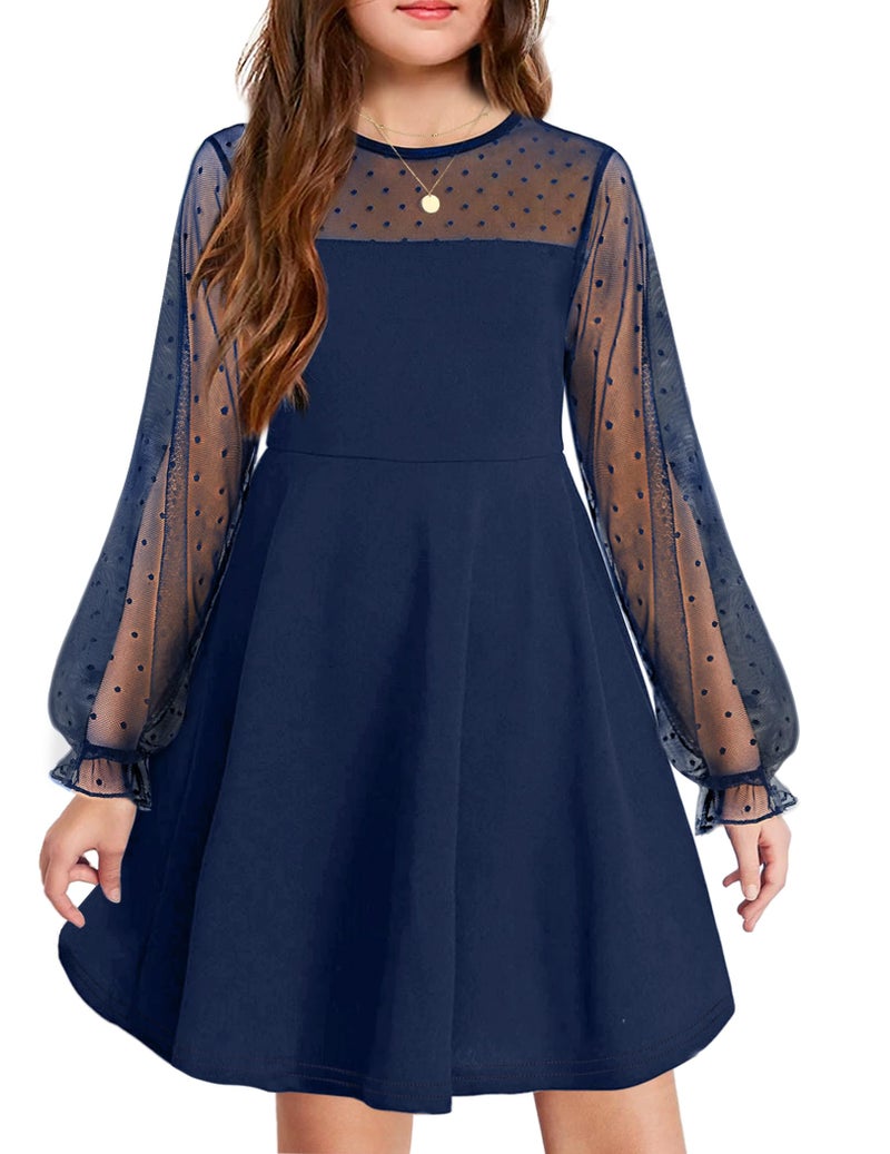 Arshiner Girl's Mesh Dress Long Sleeve Blue Winnter Round Neck A Line Formal Dresses with Pockets 12-13 Years - Image 1