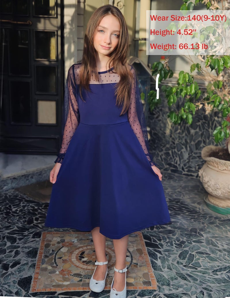 Arshiner Girl's Mesh Dress Long Sleeve Blue Winnter Round Neck A Line Formal Dresses with Pockets 12-13 Years - Image 5
