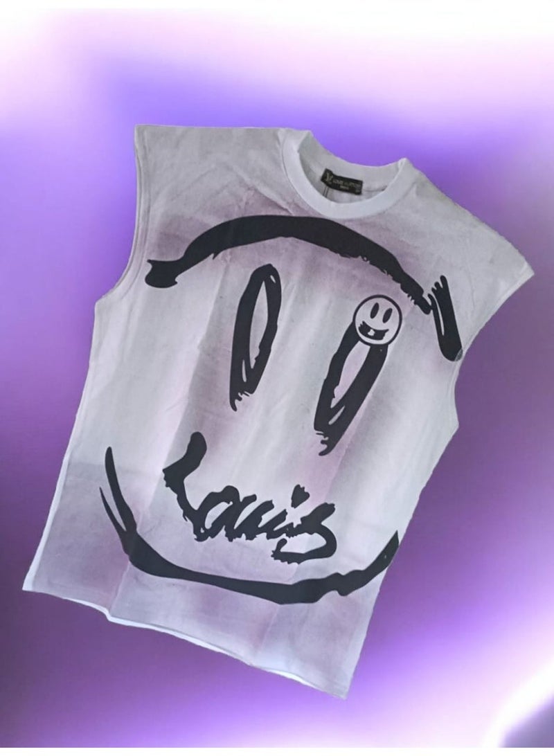 لويس فويتون تيشيرت رجالي بدون أكمام - تصميم عصري على شكل وجه مبتسم - قطن ناعم ومسامي لراحة يومية -  مقاس لارج - Image 3