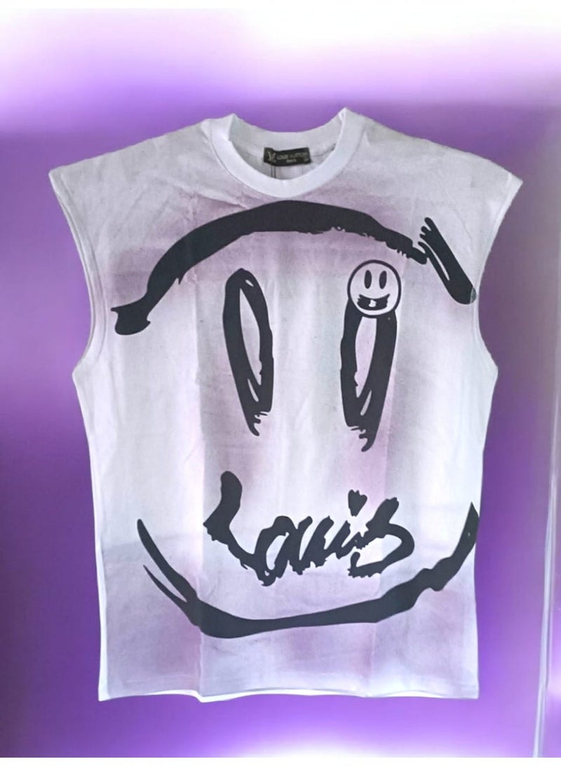 لويس فويتون تيشيرت رجالي بدون أكمام - تصميم عصري على شكل وجه مبتسم - قطن ناعم ومسامي لراحة يومية -  مقاس لارج - Image 2