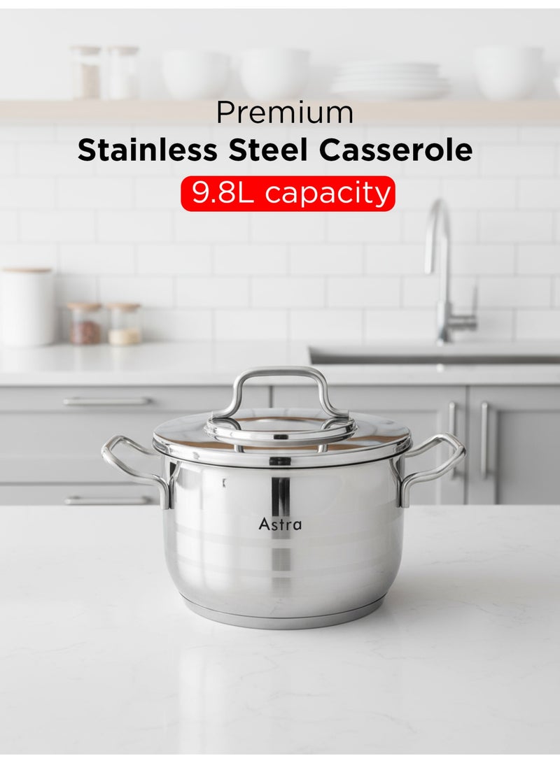 Astra قدر ستانلس ستيل 28×16 سم – سعة 9.8 لتر | ستيل غذائي 18/10 Cr-Ni مع قاعدة ثلاثية الطبقات | تشطيب مرآة مع غطاء ومقابض قوية | متوافق مع الغاز، التحريض وجميع أسطح الطهي - Image 1