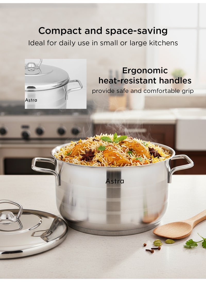 Astra قدر ستانلس ستيل 28×16 سم – سعة 9.8 لتر | ستيل غذائي 18/10 Cr-Ni مع قاعدة ثلاثية الطبقات | تشطيب مرآة مع غطاء ومقابض قوية | متوافق مع الغاز، التحريض وجميع أسطح الطهي - Image 4