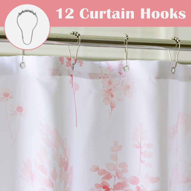 Lino Rosa Pink Cute Floral Shower Curtain for Dorm Bathroom - Waterproof Fabric Pretty Light Pastel Coquette Boho French Country Flower Shower Curtains for Teen Girls Women with Hooks 72x72 - Image 3