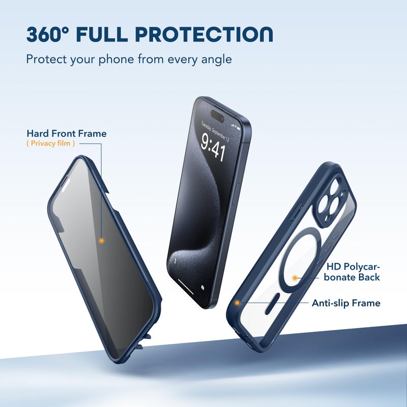 TIESZEN for iPhone 15 Pro Case, Compatible with MagSafe, Built-in Privacy Screen Protector and Camera Protection, Anti Spy Full Body Dustproof Shockproof Hard Phone Case 6.1", Dark Blue - Image 5