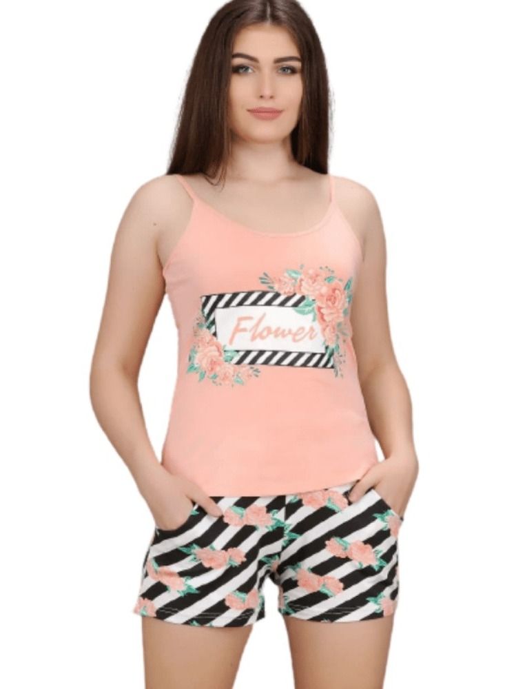 جنة طقم هوت شورت قطن بطبعات وحماله منزليه للنساء