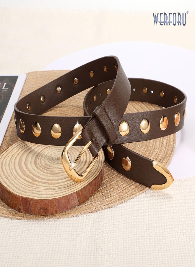 WERFORU Women Fashion Leather Belt Studded Leather Belt Ladies Belts for Jeans Dress Punk Belt, Coffee, 31"-35" Waist Adjustable - Image 4