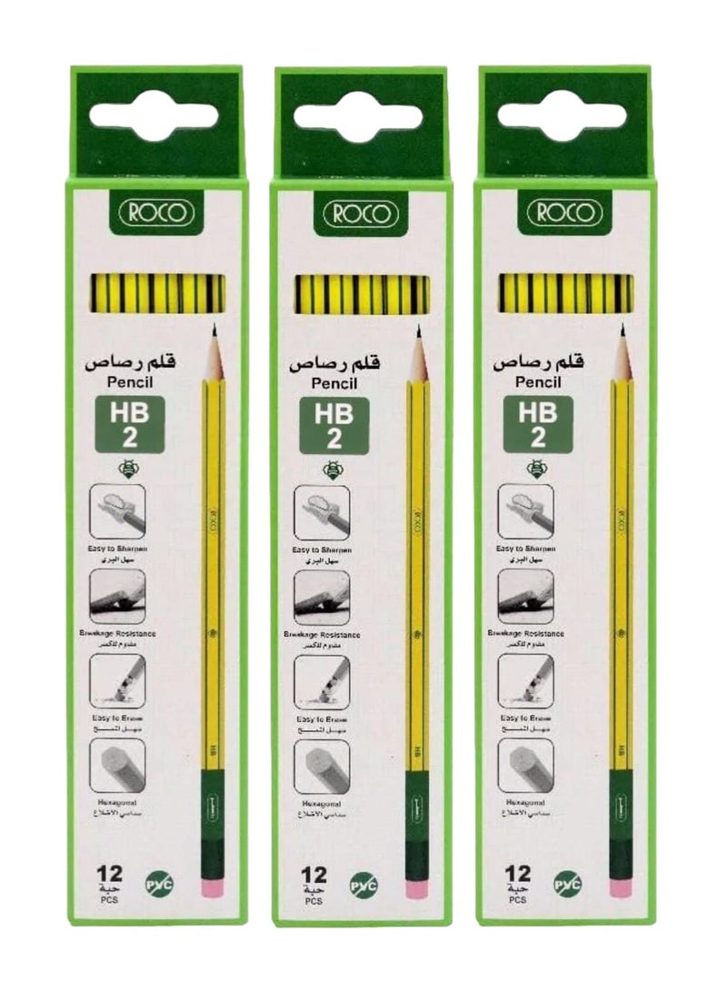 Set of 3 packs, each pack contains 12 pieces of high-quality HB2 pencils with an eraser. Total number of pieces 36