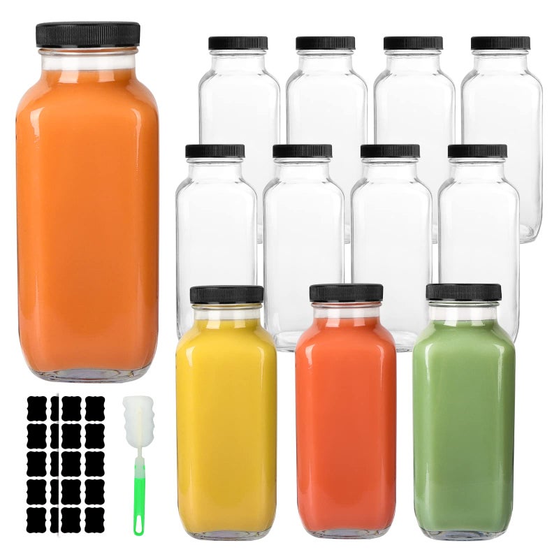 GUANENA 12 Pack Glass Drink Bottles 16 OZ Vintage Square Water Bottles with Lids Juice Bottles Beverages Containers for Milk Kombucha Smoothies