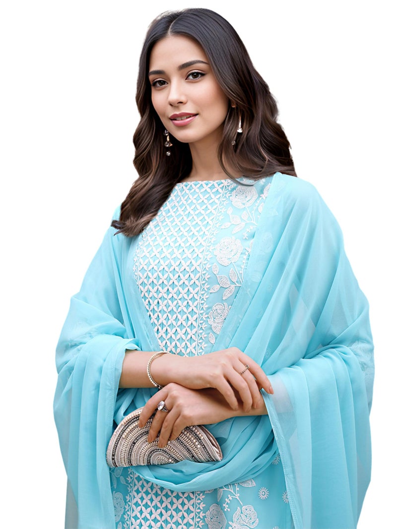 EthnicJunction Women's Chikankari Embroidery Georgette Straight Kurta Pant With Dupatta Set | Ethnic Set | Sky kurta set - Image 1