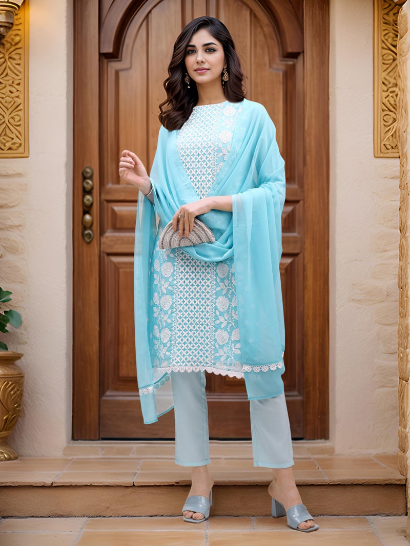 EthnicJunction Women's Chikankari Embroidery Georgette Straight Kurta Pant With Dupatta Set | Ethnic Set | Sky kurta set - Image 3