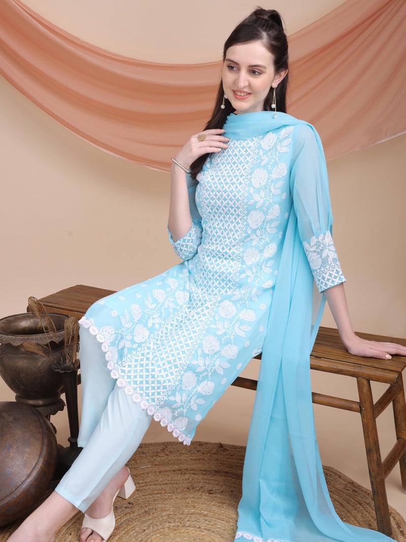 EthnicJunction Women's Chikankari Embroidery Georgette Straight Kurta Pant With Dupatta Set | Ethnic Set | Sky kurta set - Image 4