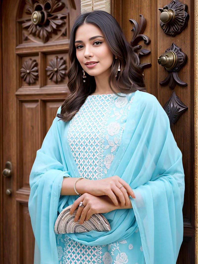 EthnicJunction Women's Chikankari Embroidery Georgette Straight Kurta Pant With Dupatta Set | Ethnic Set | Sky kurta set - Image 2