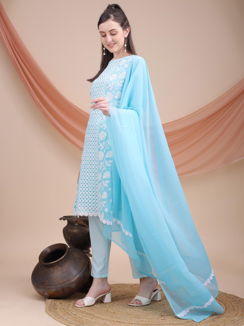 EthnicJunction Women's Chikankari Embroidery Georgette Straight Kurta Pant With Dupatta Set | Ethnic Set | Sky kurta set - Image 5