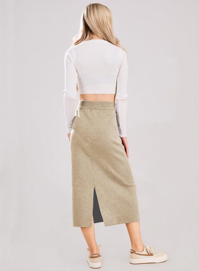ebossy Women's Winter Warm High Waist Side Slit Wool Blend Long Skirts Rib Knit Stretchy Bodycon Pencil Skirt, Oatmeal, XXL - Image 5