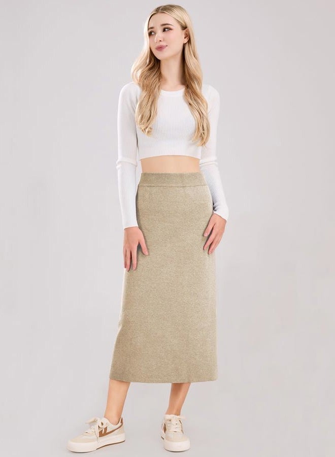 ebossy Women's Winter Warm High Waist Side Slit Wool Blend Long Skirts Rib Knit Stretchy Bodycon Pencil Skirt, Oatmeal, XXL - Image 2
