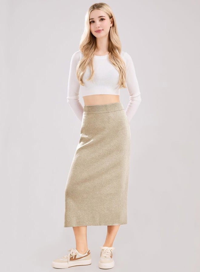 ebossy Women's Winter Warm High Waist Side Slit Wool Blend Long Skirts Rib Knit Stretchy Bodycon Pencil Skirt, Oatmeal, XXL - Image 3