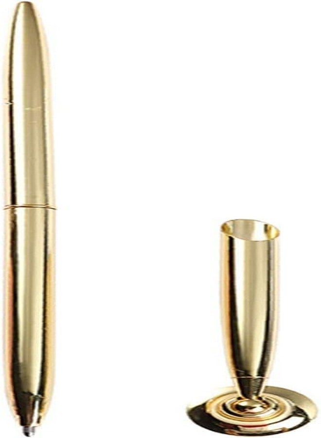 Essivox Gold Metal Desk Pen Set with Round Holder Stand, Wedding and Office Signing Ballpoint Pen with Attached Base - Image 1