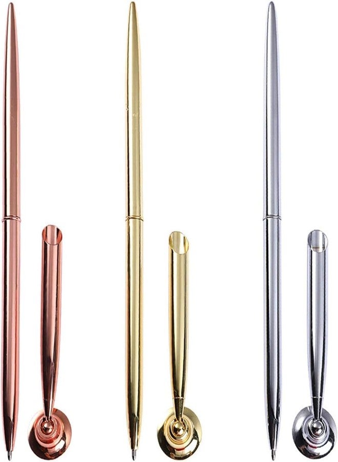Essivox Gold Metal Desk Pen Set with Round Holder Stand, Wedding and Office Signing Ballpoint Pen with Attached Base - Image 2