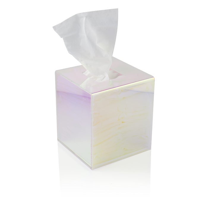 ACRYLIC TISSUE BOX HOLDER CLEAR DISPENSER FOR FACIAL TISSUES NAPKINS AND DRYER SHEETS PERFECT FOR BATHROOMS DESKS COUNTERTOPS VANITIES BEDROOMS AND NIGHTSTANDS SQUARE IRIDESCENT